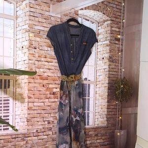 Pretty dress, jean top and silk chiffon lined bottom.  Blue/green tones